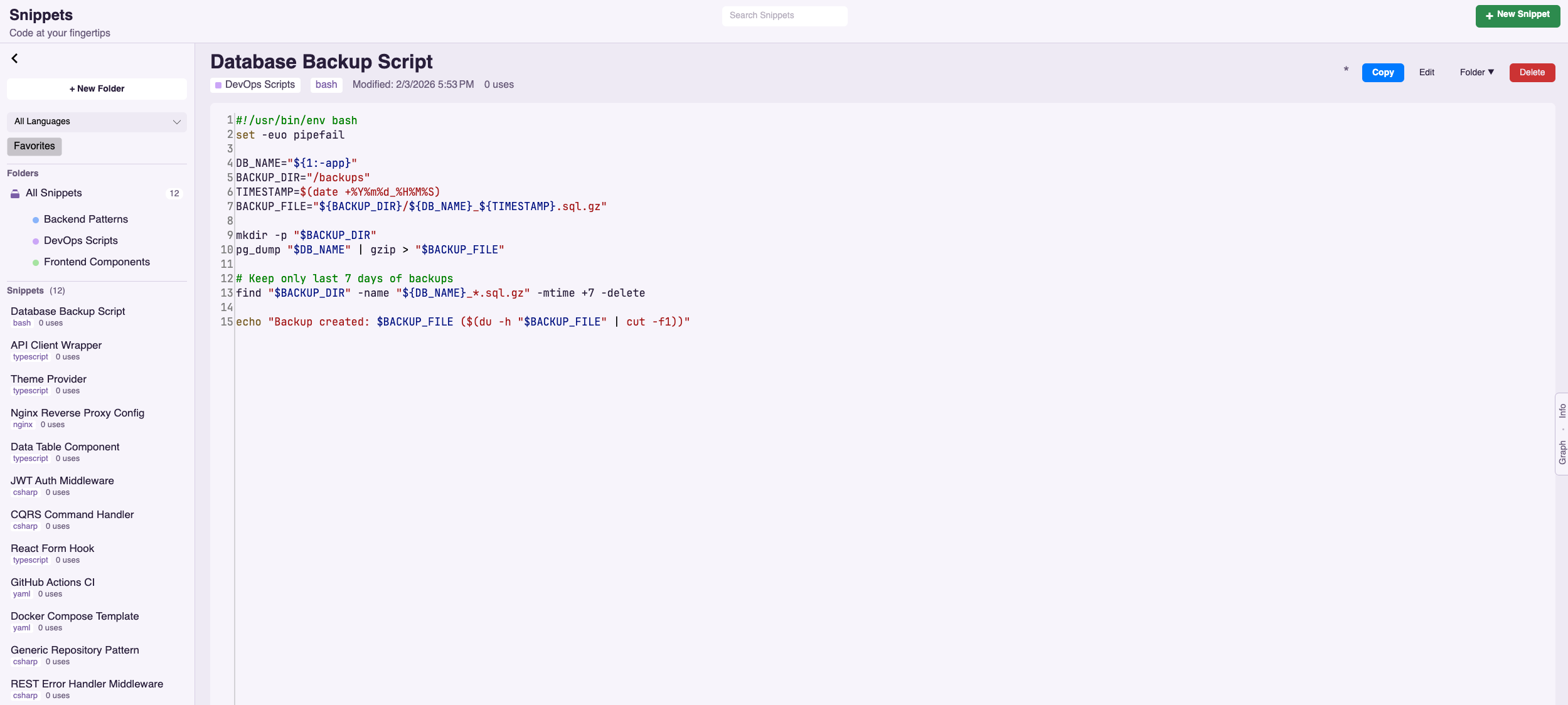 Code Snippets screenshot